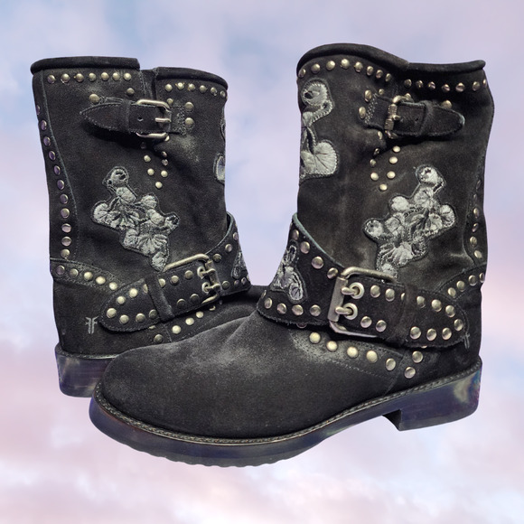 Frye Shoes - Frye Black Distressed Nat Suede Flower Embroidery Engineer Moto Studded Boots 7